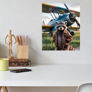 Poster Avião Piloto Guaxinim Engraçado Animal Vida Selvag
