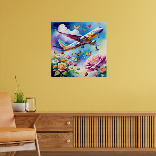 Poster Avião sobrevoando Rosas com borboletas