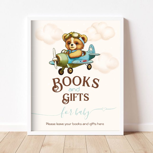 Poster Avião Whimsical Livros e presentes de ursos de pel (Whimsical Airplane Teddy bear Books and Gifts Poster)