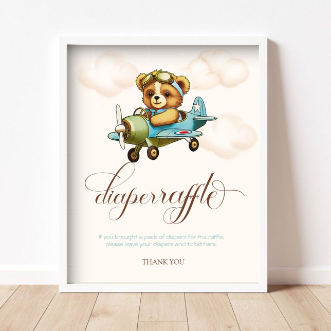 Poster Avião Whimsso Fralda Raffle (Whimsical Airplane Teddy bear Diaper Raffle Poster)