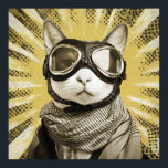 Poster Aviator Cat Goggles Sunburst Portrait<br><div class="desc">A fearless feline aviator gazes straight ahead through oversized leather goggles with shining chrome rims. A cozy plaid scarf wraps the neck while dramatic golden sunburst rays explode behind, studded with dark speckles like an old propeller-plane poster. Warm sepia fur tones contrast the bold retro halo, blending vintage adventure, quiet...</div>