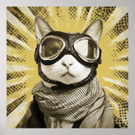 Poster Aviator Cat Goggles Sunburst Portrait