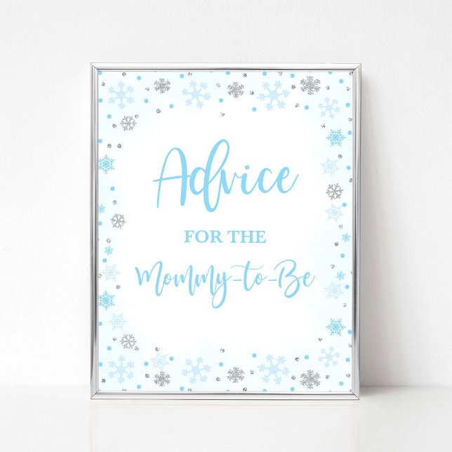 Poster Aviso azul de inverno para Mamãe ser Chá (Advice for the Mommy-to-be Winter Baby Shower Sign, Blue & Silver Glitter Snowflakes)
