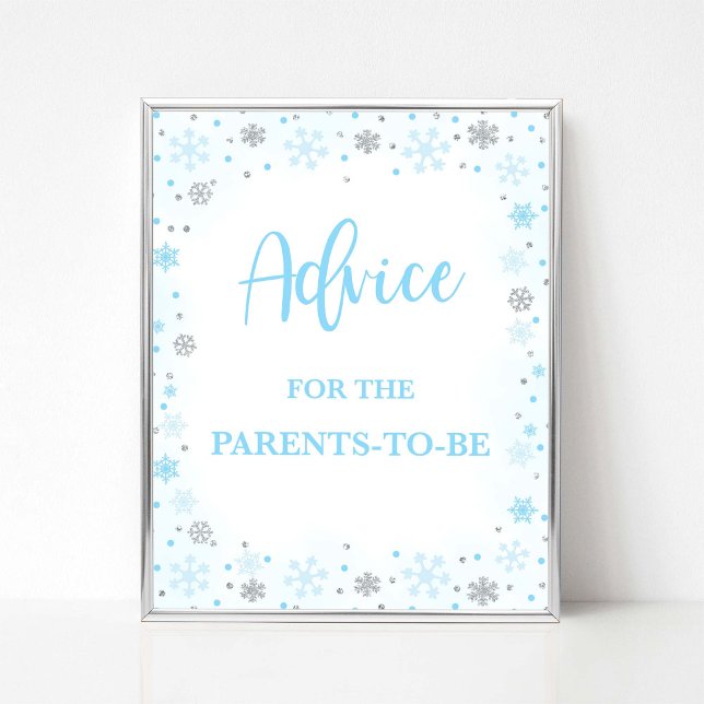 Poster Aviso para Pais Serem Sinais Azuis de Inverno (Winter Advice for the Parents to  Be Shower Sign, Blue & Silver Glitter Snowflakes Theme)