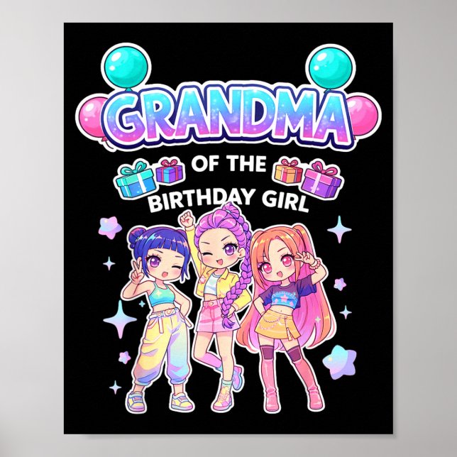 Poster Avó da menina do aniversário fofa chibi engraçada (Frente)