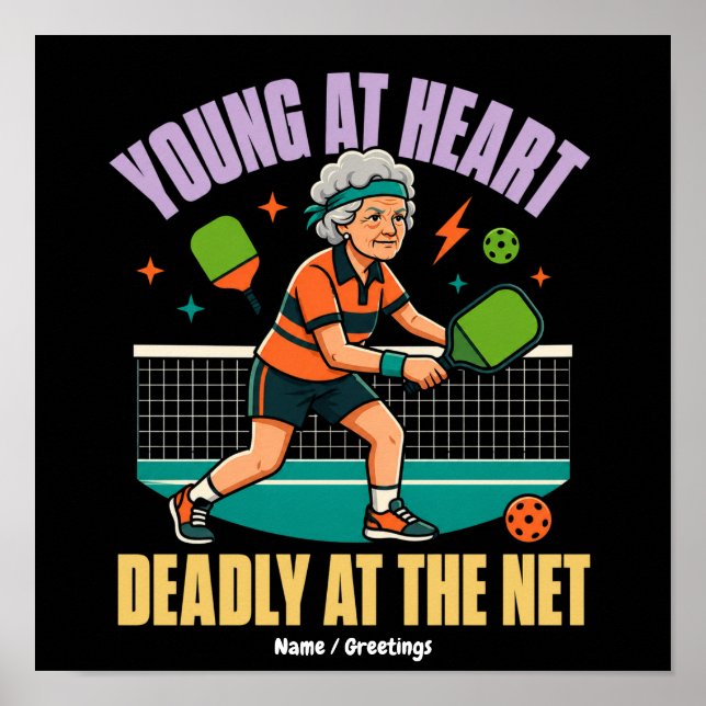 Poster Avó Engraçada de Pickleball Jovem de Coração Rede  (Frente)