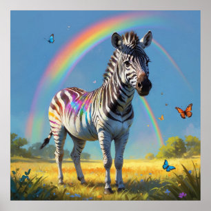 Poster Awesome Zebra in Wild with Rainbow and Butterflies