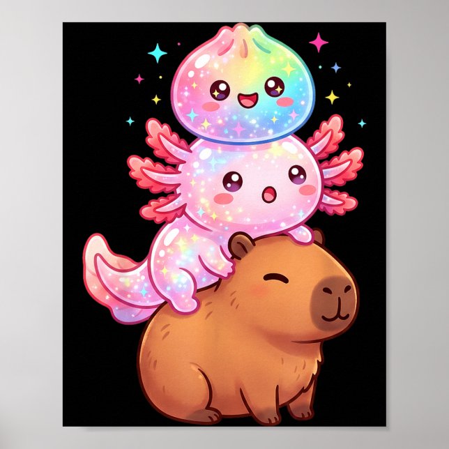 Poster Axolote adorável capivara arco-íris lanche diverti (Frente)