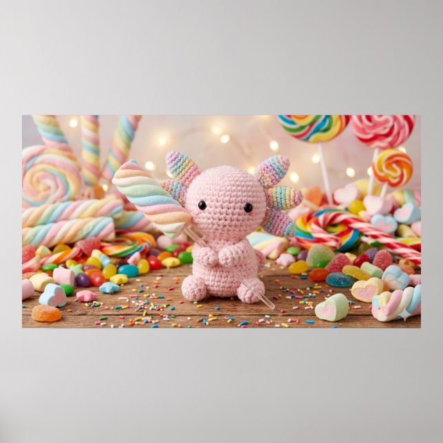 Poster Axolote Rosa Crochê Doce Pastel  (Frente)
