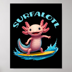 Poster Axolote Surfista Surfalotl Divertido Oceano Praia