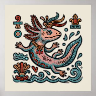 Poster Axolotl Asteca Xolotl pedra erodida tribal boho ar