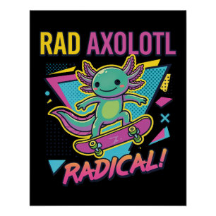 Póster Axolotl Skateboard Radical neon estilo retrô dos a