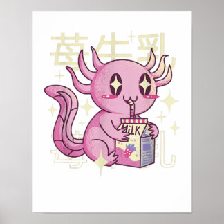 Poster Axolotl Strawberry Milk Japão Estilo Japonês Kawai