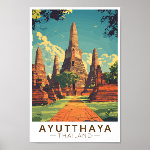 Poster Ayutthaya Thailand Illustração Viagem Art Vintage