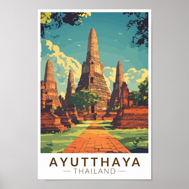Poster Ayutthaya Thailand Illustração Viagem Art Vintage (Frente)