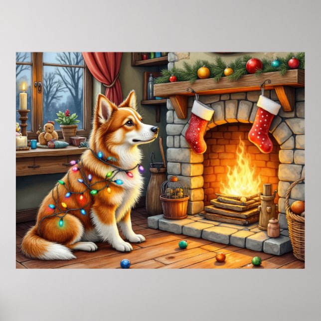 Poster Azawakh Sitting by Fireplace with Christmas Lights (Frente)