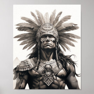 Poster Aztec Cinza e Preto Guerreiro em Branco em Segundo