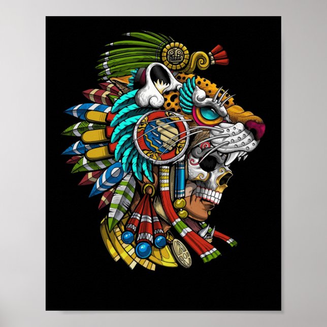 Poster Aztec Skull Jaguar Warrior Mask Antigo Mayan (Frente)
