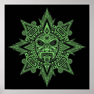 Poster Aztec Sun Mask Green em preto