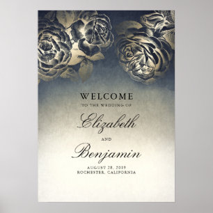 Póster Azuis marinhos e sinal de boas-vindas floral