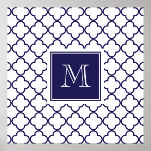 Póster Azuis marinhos, monograma branco de Quatrefoil