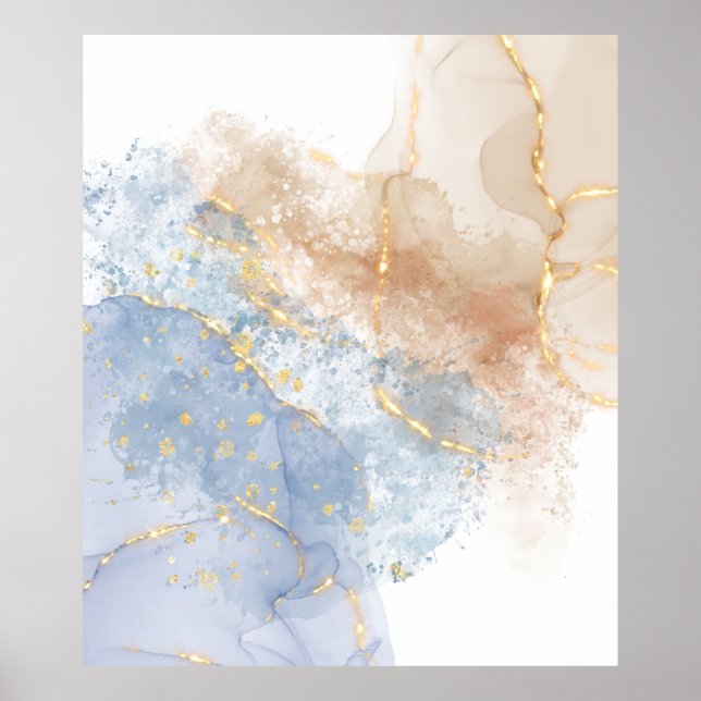 Poster Azul abstrato, Taupe e Dourado (Frente)