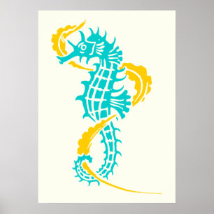 Póster Azul, amarelo e alga de turquesa do cavalo marinho