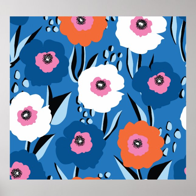 Poster Azul Branco Vermelho: Escandinavo Floral. (Frente)