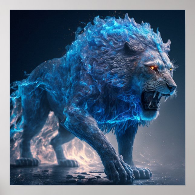 Poster Azul Chama Fire Lion (Frente)