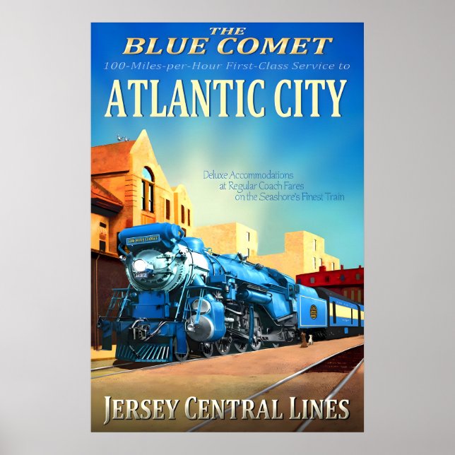 Poster Azul da Estrada de Ferro Central de Atlantic City  (Frente)