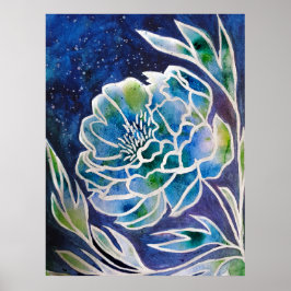 Poster Azul Dahlia Marinho artesanal Floral Aquarela