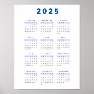 Poster azul de calendário mínimo 2025