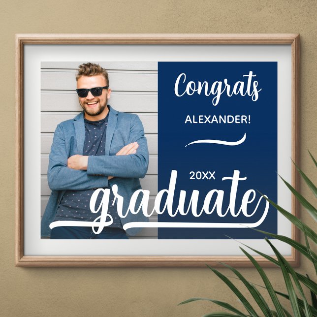 Poster Azul de Graduação de Fotos Moderna (Congrats Graduate blue poster with your photo, INSTANT DOWNLOAD and/or PRINTED)