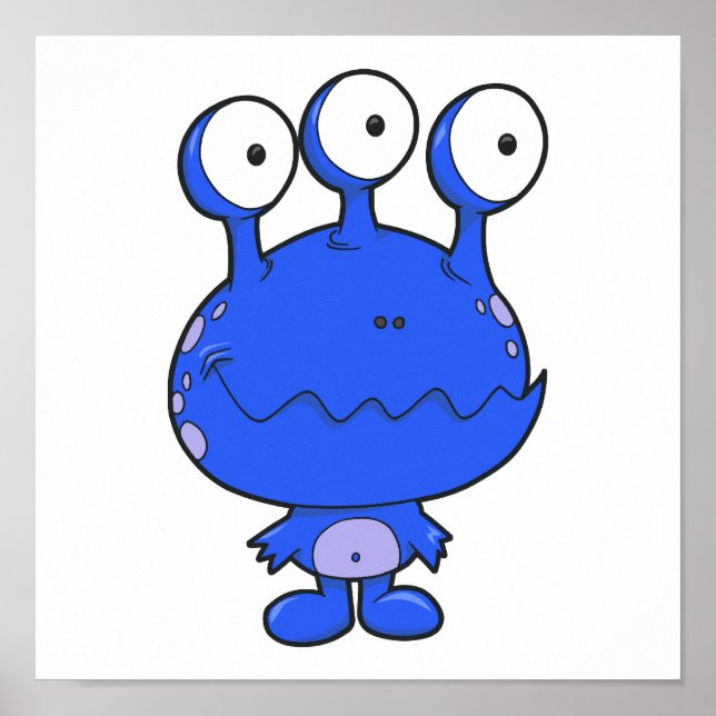 Póster azul de monstro feliz de três olhos (Frente)