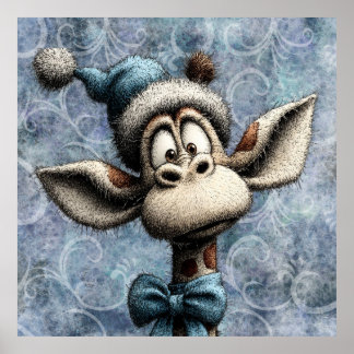 Poster Azul de Natal de Inverno Girafa Bonita Com Chapéu