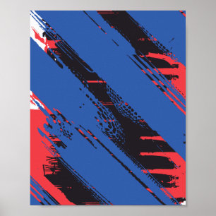Poster Azul Diagonal, textura de pincel preta e vermelha