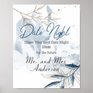 Poster Azul Dourado Sinalizador Floral Elegante de Data N