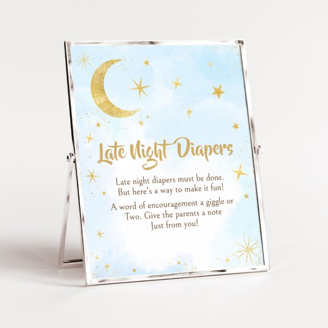 Poster Azul Dourado Sobre O Bebê Da Lua Fraldas Noturnas  (Moon and Stars Baby Shower Late Night Diapers Sign)
