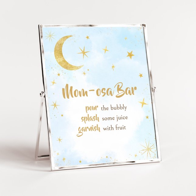 Poster Azul Dourado Sobre O Chá de fraldas Da Lua Bar Da  (Moon and Stars Baby Shower Mom Osa Bar Sign)