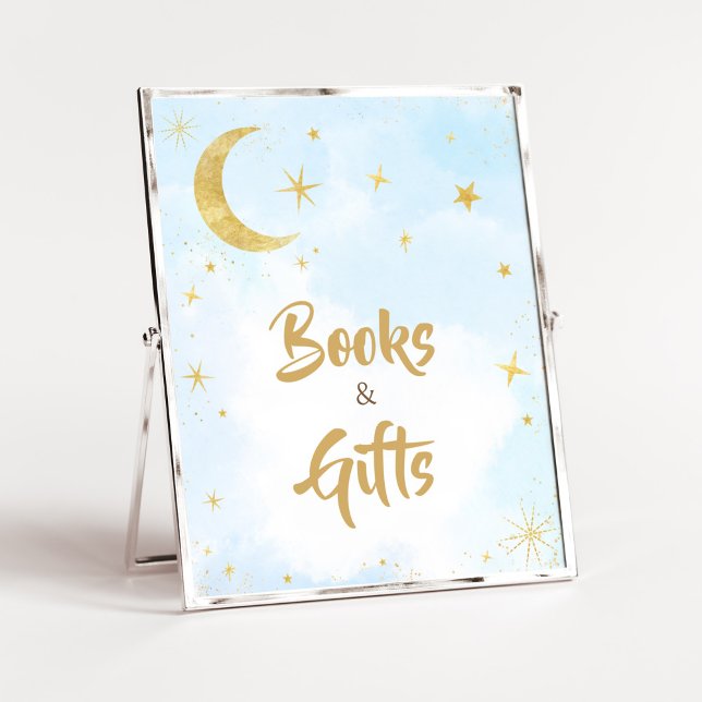 Poster Azul Dourado sobre os livros e presentes de bebês  (Moon and Stars Baby Shower Books and Gifts Sign)