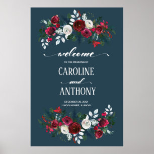 Poster Azul Dusty  Sinal de Boas-vindas Burgundy Bloom