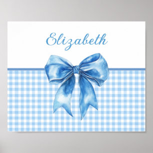Poster Azul e Branco Preppy Xadrez e Laço