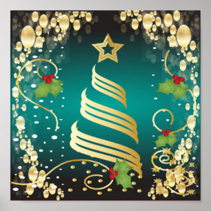Póster Azul e ouro festivos de turquesa do Feliz Natal