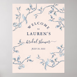 Poster Azul e Rosa French Toile Chuveiro de Noiva Bem-vin