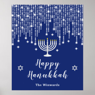 Poster Azul e Silver String Luzes Felizes Hanukkah