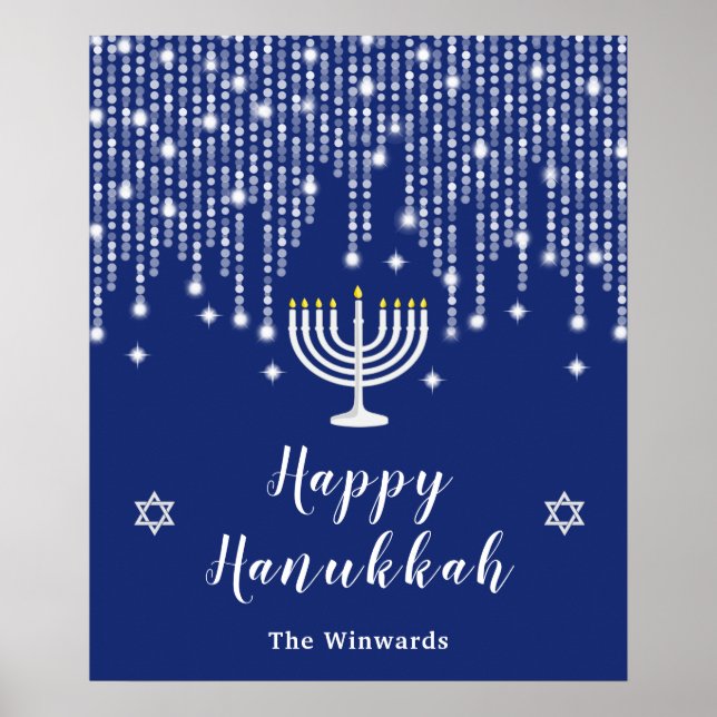 Poster Azul e Silver String Luzes Felizes Hanukkah (Frente)