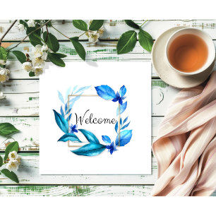 Poster Azul elegante "Bem-vindo", Floral "Arte de Aquarel