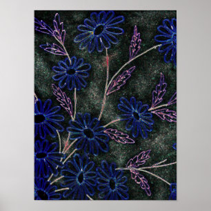 Póster azul em decoração floral preta