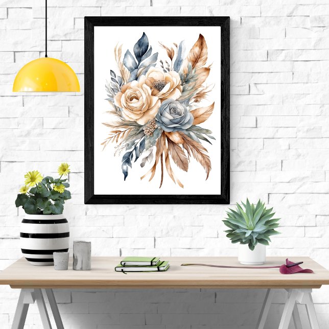 Poster Azul Empoeirado Bege Cores Neutras Floral Boho  (Boho Dusty Blue Beige Floral Botanical Feathers Watercolor Wall Art poster print)