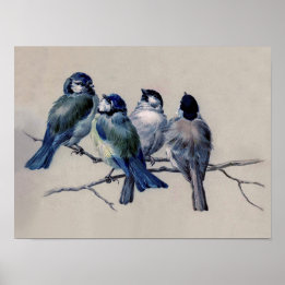 Poster Azul empoeirado e aves Cinzas em uma aquarela